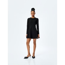 Koton Krep Kumaş Bisiklet Yaka Uzun Kollu Slim Fit Çan Etek Mini Elbise Siyah 5wak80386ek Siyah