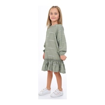 Toontoy Kız Çocuk Baskılı Relax Fit Bisiklet Yaka Reglan Uzun Kollu Volanlı Elbise - Yeşil