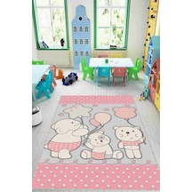 Pembe Kaymaz Tabanlı Yıkanabilir Ayıcıklı Bebek Halısı Kd015n11