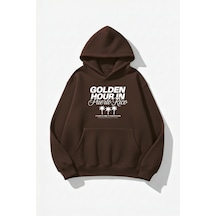 Uyguntarz Unisex Yumuşak Dokulu Golden Hour Baskılı Tasarım Oversize 3 İplik Hoodie Sweatshirt Kahverengi