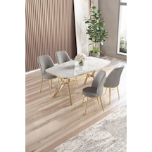 Canisa Lena Serisi 90x160 Lak Panel Beyaz Mermer Desen Gold Kaplama Ayaklı Masa Takımı Ve 4 Gri Sandalye Beyaz Mermer Desen Masa,gri Sandalye