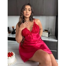 Büyük Beden Kırmızı Dantel İşlemeli Saten Gecelik Kırmızı