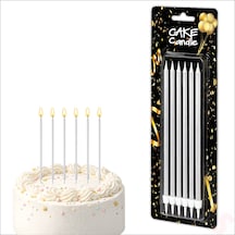 Metalik Gümüş İnce Uzun Pasta Mumu 19 Cm - 6 Adet