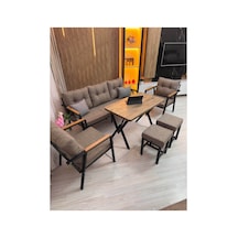 Houseart Dora 3 -1 - 1 + Masa + 2 Adet Puf , Balkon, Bahçe, Teras, Cafe - Salon - Metal Kanepe Koltuk Takımı , Çay Seti Cappuccino