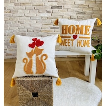 Swita Home Punch İşlemeli 2'li Dekoratif Özel Tasarım Kırlent Kılıfı Panç Hardal - Krem