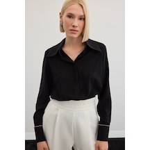 Sateen Aksesuarlı Klasik Gömlek - Siyah-136482 Siyah