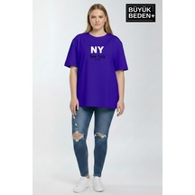 Superlife Kadın Büyük Beden Ny New York Baskılı 3xl-6xl Bisiklet Yaka Tshırt Spr26btsk510-15 Saks Mavi
