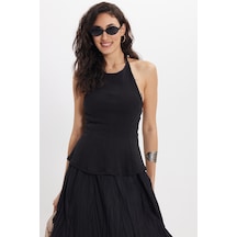 Tudors Kadın Slim Fit Dar Kesim %100 Pamuk Boyundan Bağlamalı Sıfır Kol Siyah Bluz-50552