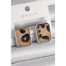 Pirinç Gümüş Renk Leopar Desenli Kare Model Kadın Küpe Çok Renkli