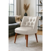 Waterybrook Berjer Sandalye - Kapitoneli Suni Deri - Ceviz Ahşap Ayaklı - Retro Modern Tasarım Ekru