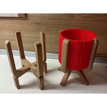 3d Baskı Ayaklı Çizgili Saksı - Bej Standlı Dekoratif Saksı - Kırmızı