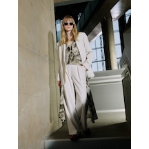 Koton Oversize Blazer Ceket Tek Düğmeli Kapaklı Cepli Bej Çizgili 4sak50088uw Ekru