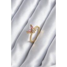 Gold Renk Pembe Zirkon Taşlı Kelebek Model Kadın Yüzük Altın