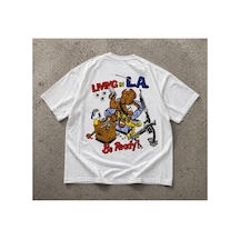 Yolo Street Unisex Oversize Beyaz Tişört Living İn L.a. Be Ready Ayıcık Grafik Baskılı Pamuk Streetwear Beyaz4