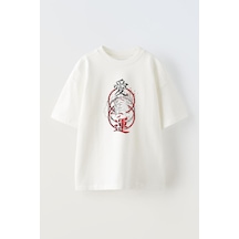 Thewert Unisex Kırmız Gri Jopon Harfler Tasarım Baskılı Pamuk Beyaz Oversize T-shirt