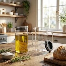 2'li Set Paslanmaz Çelik Kapaklı Borosilikat Cam Yağdanlık Ve Ölçü Kabı - 350ml - Isıya Dayanıklı Damlatmaz Sosluk, Sütlük Ve Mutfak Hazırlık Sürahisi - Şeffaf Modern Tasarım