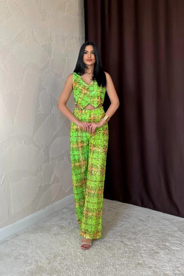 Mythrıva Yeşil Pullu Yelek Ve Pantolon Takım