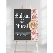 Söz Nişan Düğün İçin 50x70 Karşılama Panosu - Siyah Ve Pembe Çiçek Tasarımlı Beyaz