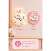 Ahşap Tavşanlı İsme Özel Pilli Ledli Gece Lambası Ve Ahşap Kapı Süsü Seti Bebek Çocuk Odası Pembe
