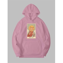 Harmandar Üç İplik Holy Cat Baskılı Unisex Pembe Kanguru Cepli Kapüşonlu Sweatshirt Hoodie Holycatpembesweat