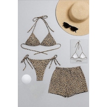 Kadın 3'lü Set Leopar Desenli Şortlu Ve Yandan Bağlamalı Bikini Mayo Takımı