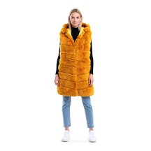 Ersefa Kapşonlu Peluş Kürk Yelek Uzun Model Tam Astarlı Premium Kalite K Sarı