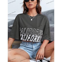Flood Of Style Crop Ckod-232913 Kadın Yazılı Baskılı Düşük Omuz Gri