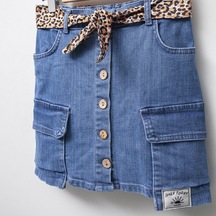 Kargo Cepli Kız Çocuk Önden Düğmeli Kot Etek Kot Rengi