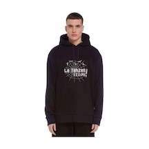 La Tahzen Üzülme Baskılı Siyah Erkek Örme Kapşonlu Sweatshirt