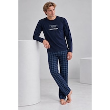Pijamask Erkek Lacivert Baskılı Uzun Kollu Ekose Pantolon Pijama Takımı Lacivert