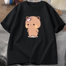 Tarzsokak Erkek T-shirt Sevimli Karikatür Bubu Dudu'da Parmak Arası Terlik Atıyor Tshirt Komik Pamuk Kı 3085 Siyah