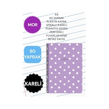 Kareli A4 80 Yaprak Plastik Kapak Spiralli Puantiye Desen Perforeli Yuvarlak Köşe Beyaz Sayfa Mor