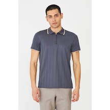 Gri Fermuarlı Polo Yaka Erkek T-shirt Füme