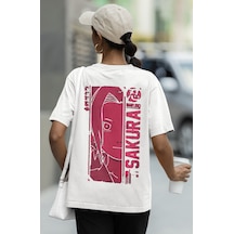 Sevbano Naruto Sakura Haruno Sırt Baskılı Unisex Oversize Anime Tişört Beyaz