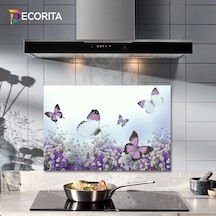 Decorıta Cam Ocak Arkası Koruyucu | Mor Çiçek & Kelebek Desenli