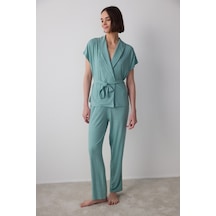 Penti Yeşil Lenna Ribanalı V Yaka Lohusa Pijama Takımı Gn15