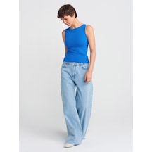 Dilvin 71787 Paçası Dikişsiz Geniş Denim Pantolon-mavi Mavi