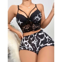 Hello Papana Kadın Siyah Leopar Desenli Dantel Detaylı Şortlu Gecelik Pijama Takımı 5055 Çok Renkli