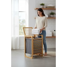 Porsima Pbt-350 Ahşap Bambu Kirli Sepeti Çok Amaçlı Banyo Düzenleyici Kirli Çamaşır Sepeti Organizeri Gri