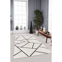 Bej Geometrik Kaymaz Tabanlı Makinede Yıkanabilir Halı Rv164n11