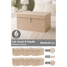 6'lı Set Maxi Boy Hurç - Çok Amaçlı Organizer Kapaklı Saklama Kutusu 50x40x30cm Bej