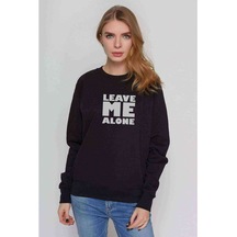 Leave Me Alone Baskılı Siyah Kadın Sweatshirt