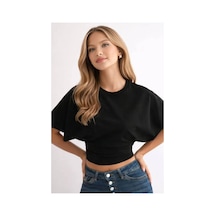 Mayrem Kadın Siyah Yarasa Kol Drapeli Crop Bluz