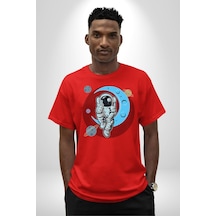 Astronot Uzayda Sıkılmış Pamuklu Bisiklet Yaka Unisex Oversize Boyfriend Dijital Baskılı Kırmızı T-shirt Kırmızı