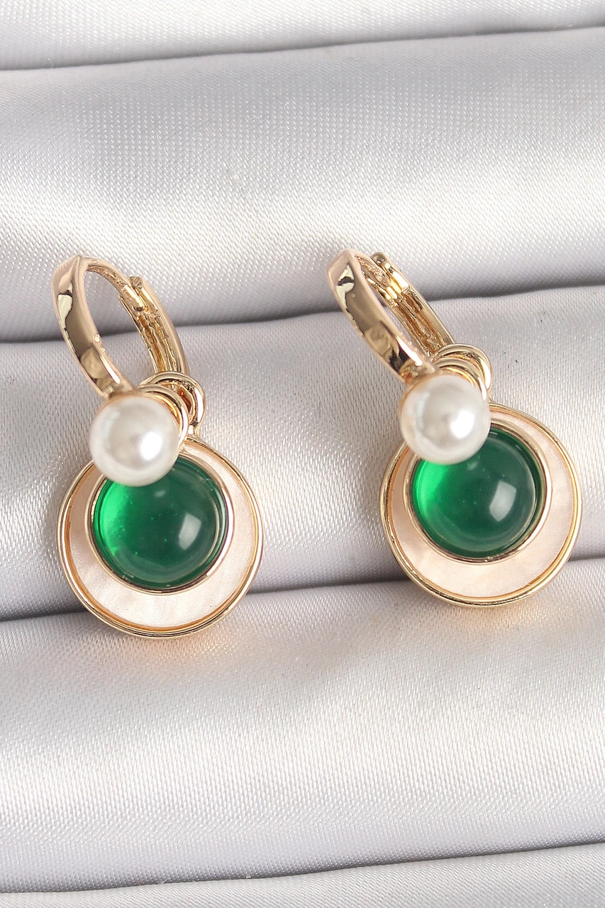 Dodes Dodes Pirinç Gold Renk Beyaz Yeşil Sallantı Mineli Kadın Küpe Tg27bkp10363 Çok Renkli