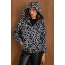 Olcay Kapüşonlu Beli Lastikli Oversize Leopar Desenli Kısa Kaban Gri 3162-l