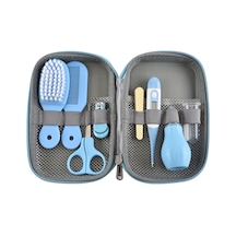 Vkemall Bebek Bakım 8'li Set: Tırnak Kırıcı, Fırça, Tarak, Burun Emici, Parmak Fırçası, Elektronik Termometre + Depolama Kutusu Mavi