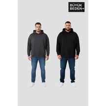 Süperlife Erkek Büyük Beden 2' Li Set Kapşonlu Kollar Ve Etek Ribanalı İnce Swatshırt Spr26bsw957+2 Black-smoked