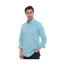 Slim Fit Uzun Kol Yaka Düğmeli Nefes Alan Keten Hediye Kutulu Erkek Gömlek Fs-004548 - Koyu Mint-3223