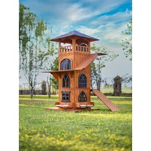 Mandu Ahşap 4 Katlı Teraslı Kedi Evi Tırmalama + Mama Kaplı